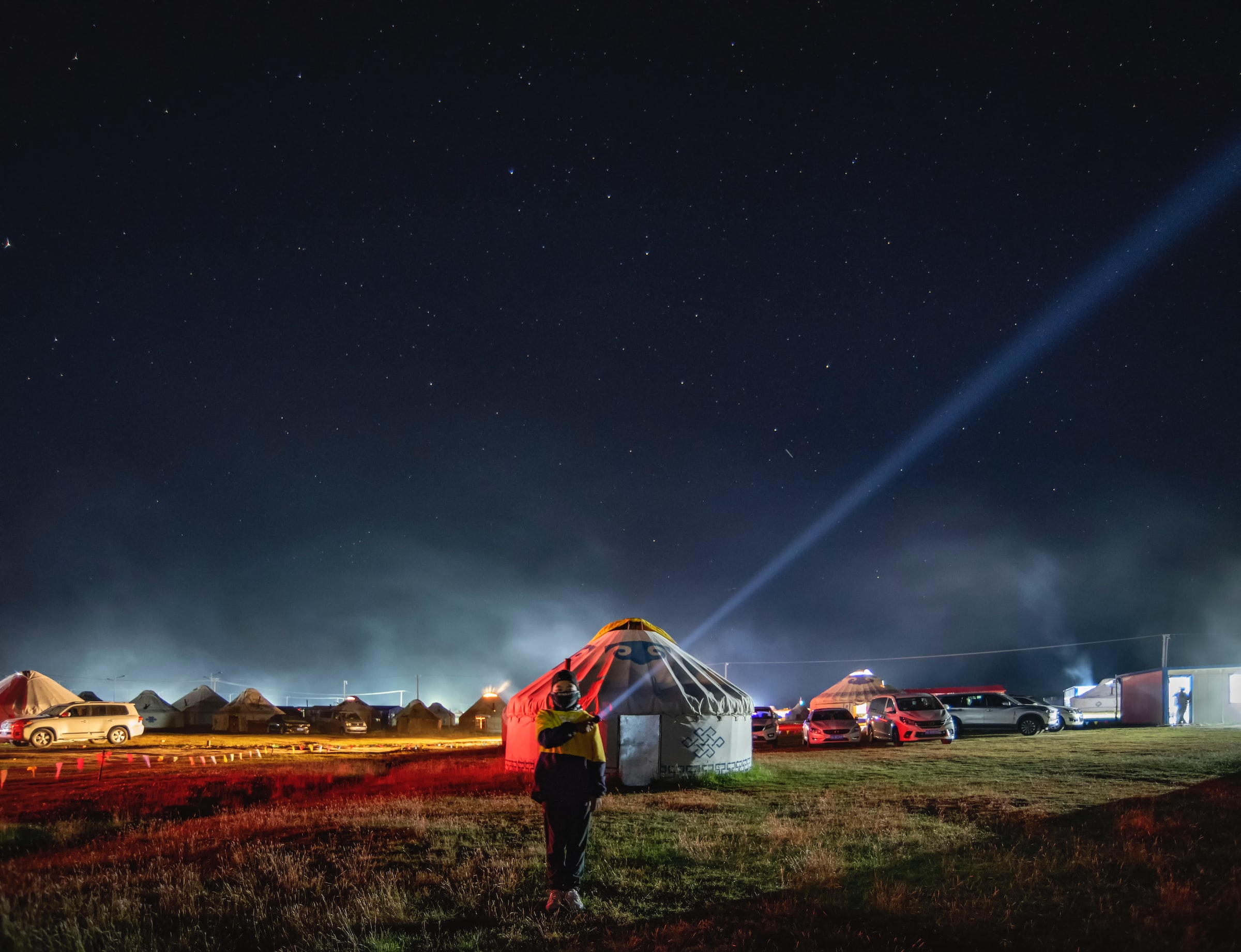 Ger camps at night in the gobi desert